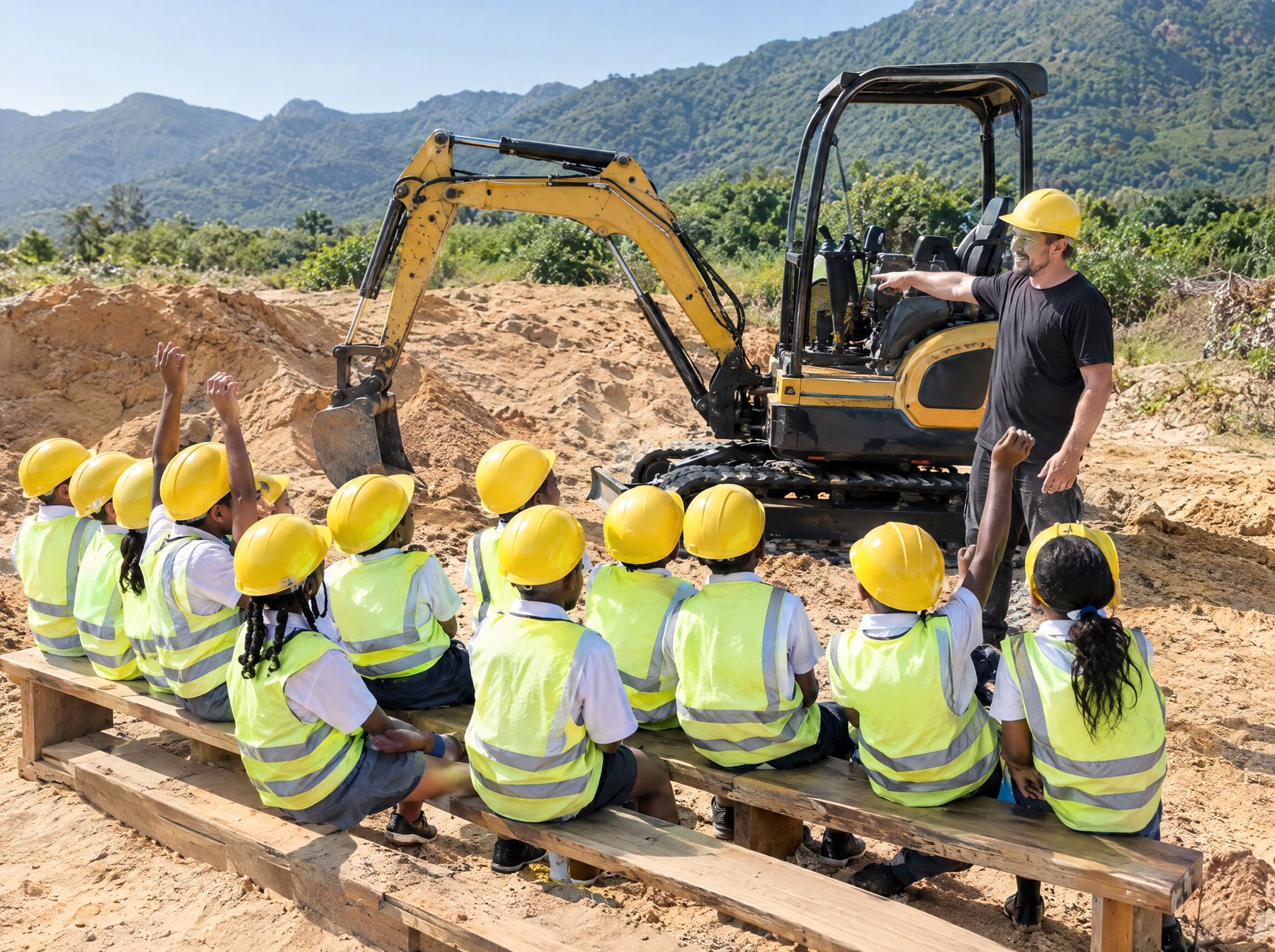 A school group in hard hats listens to an instructor at the sand pit