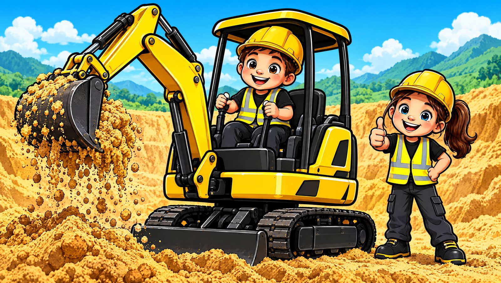Dex scoops sand with a mini excavator