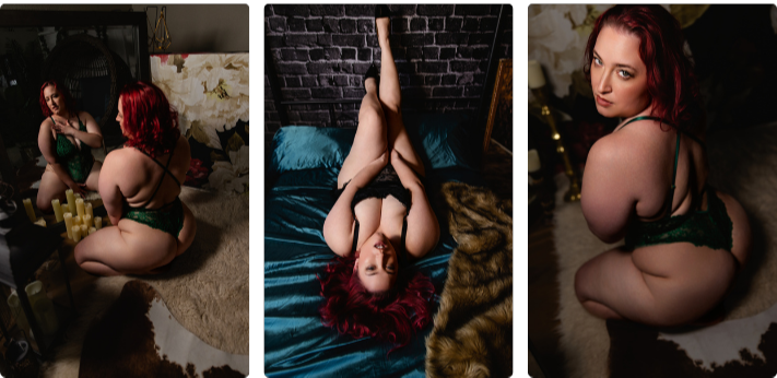 A woman poses in three images for a boudoir shoot at Enchanted Moments Artistry in Indianapolis