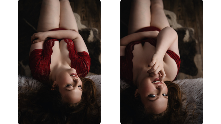 A woman poses in two images for a boudoir shoot at Enchanted Moments Artistry in Indianapolis A woman poses in two images for a boudoir shoot at Enchanted Moments Artistry in Indianapolis