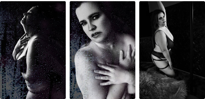 A woman poses in three black and white images for a boudoir photo shoot at Enchanted Moments Artistry in Indianapolis.