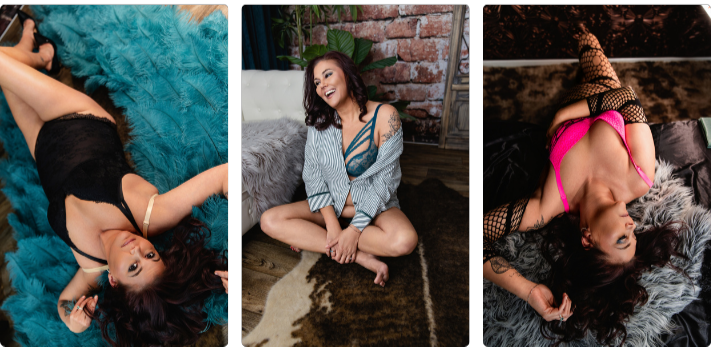 A woman poses in three images for a boudoir photo shoot at Enchanted Moments Artistry in Indianapolis.