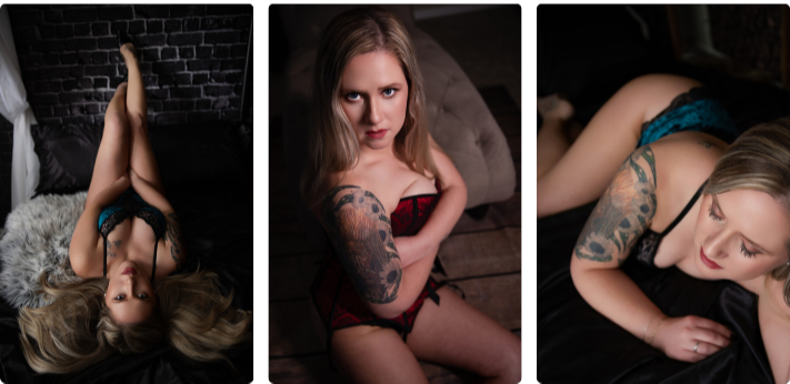 A woman in lingerie with styled blond hair poses in three images for a boudoir photo shoot at Enchanted Moments Artistry in Indianapolis. A woman in lingerie with styled blond hair poses in three images for a boudoir photo shoot at Enchanted Moments Artistry in Indianapolis.