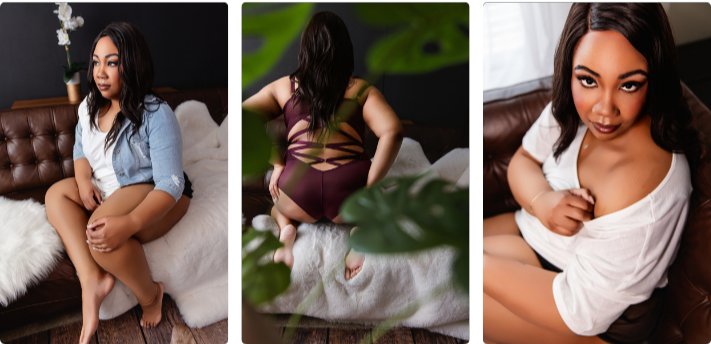 A woman poses in three images for a boudoir shoot at Enchanted Moments Artistry in Indianapolis A woman poses in three images for a boudoir shoot at Enchanted Moments Artistry in Indianapolis