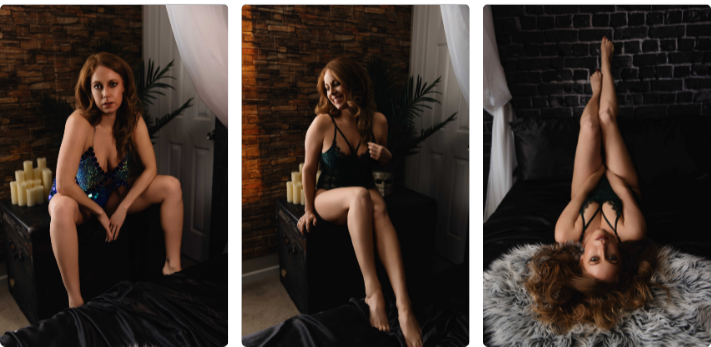 A woman with professional makeup poses in three images for a boudoir photo shoot at Enchanted Moments Artistry in Indianapolis. A woman with professional makeup poses in three images for a boudoir photo shoot at Enchanted Moments Artistry in Indianapolis.