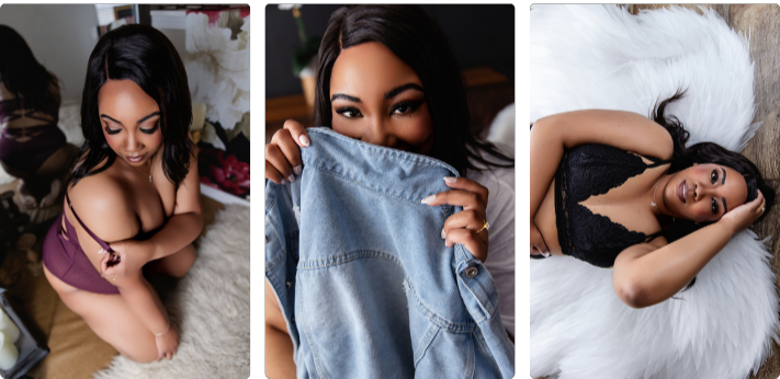 Three photos of a woman with lash extensions sitting for an Enchanted Moments Artistry boudoir photo session. Three photos of a woman with lash extensions sitting for an Enchanted Moments Artistry boudoir photo session.