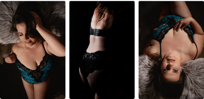 A woman poses in three images for a boudoir shoot at Enchanted Moments Artistry in Indianapolis