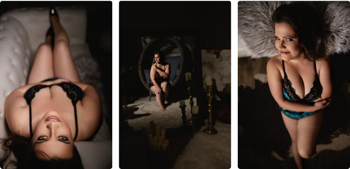 A woman poses in three images for a boudoir shoot at Enchanted Moments Artistry in Indianapolis A woman poses in three images for a boudoir shoot at Enchanted Moments Artistry in Indianapolis