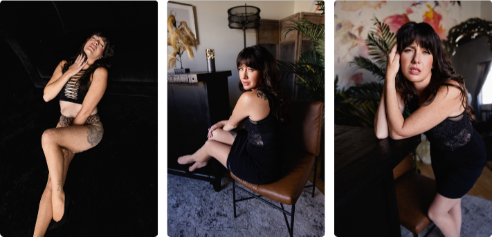 A woman poses in three images wearing black lingerie for a boudoir photo shoot at Enchanted Moments Artistry in Indianapolis.