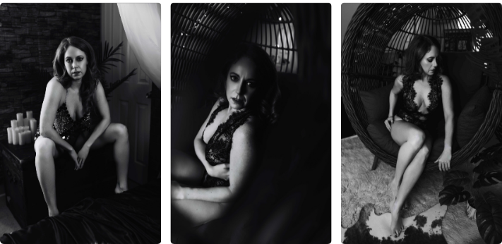 A woman poses in three images in a black-and-white photo for a boudoir shoot at Enchanted Moments Artistry in Indianapolis