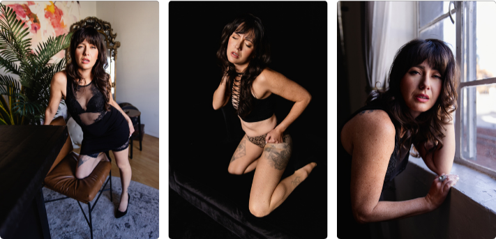 A brunette woman in black lingerie poses in three images for a boudoir photo shoot at Enchanted Moments Artistry in Indianapolis.