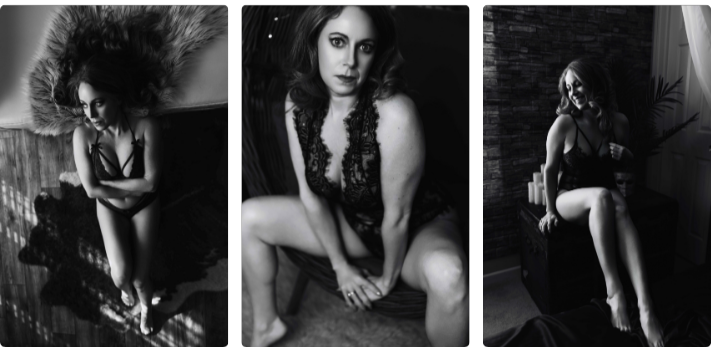 A woman poses in three black-and-white images for a boudoir shoot at Enchanted Moments Artistry in Indianapolis A woman poses in three black-and-white images for a boudoir shoot at Enchanted Moments Artistry in Indianapolis