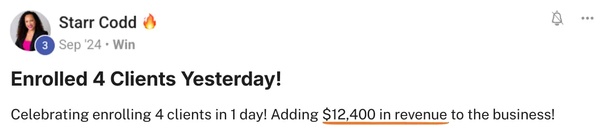 Starr Codd enrolled 4 clients in one day generating $12,400 in revenue