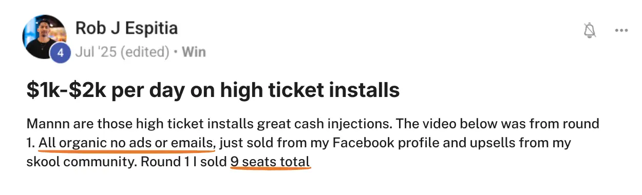 Rob J Espitia generated $1k to $2k per day in high ticket installs with no ads or emails