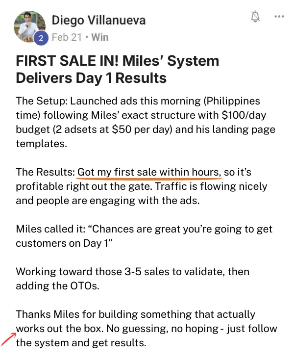 Diego Villanueva generated his first sale on Day 1 after launching ads using Miles’ system structure