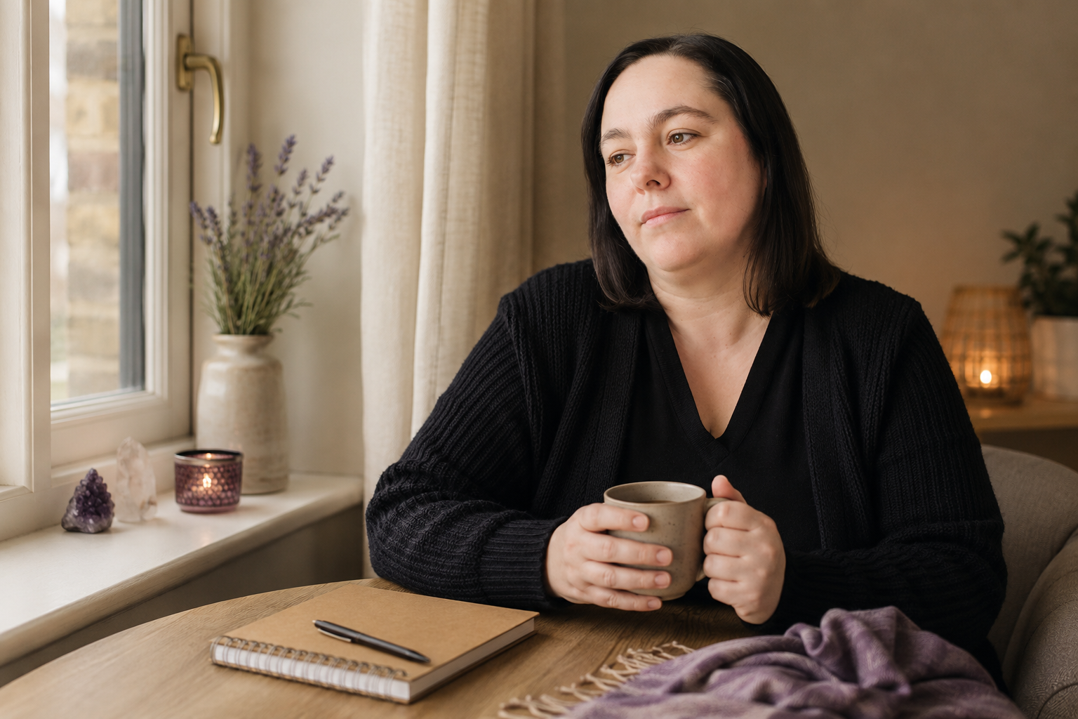 Eva Staniforth sitting by a window with a notebook and cup of tea, quietly reflecting on a new direction for her business. Eva Staniforth sitting by a window with a notebook and cup of tea, quietly reflecting on a new direction for her business.