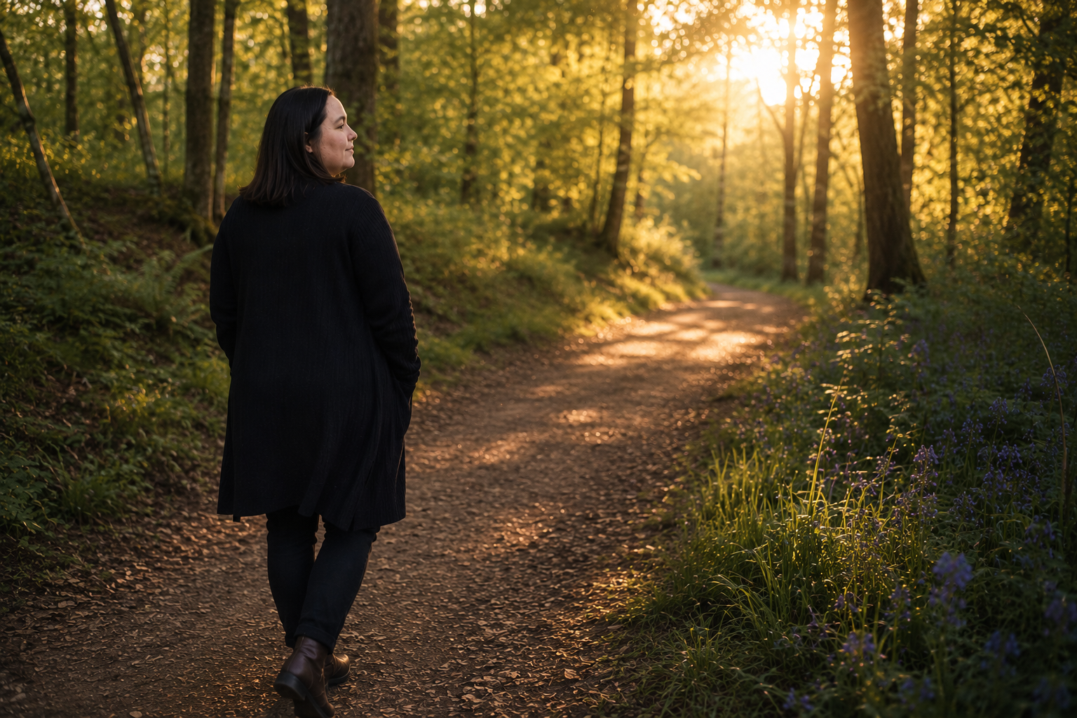 Eva Staniforth walking along a peaceful woodland path in golden evening light, representing personal growth and moving forward. Eva Staniforth walking along a peaceful woodland path in golden evening light, representing personal growth and moving forward.