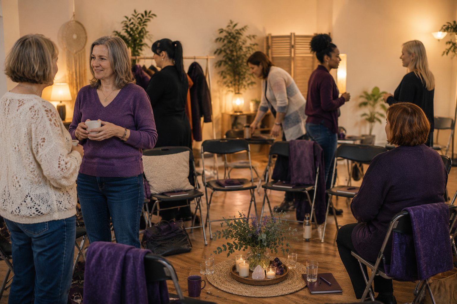 A small group of adults chatting and settling into a welcoming spiritual workshop before it begins. A small group of adults chatting and settling into a welcoming spiritual workshop before it begins.