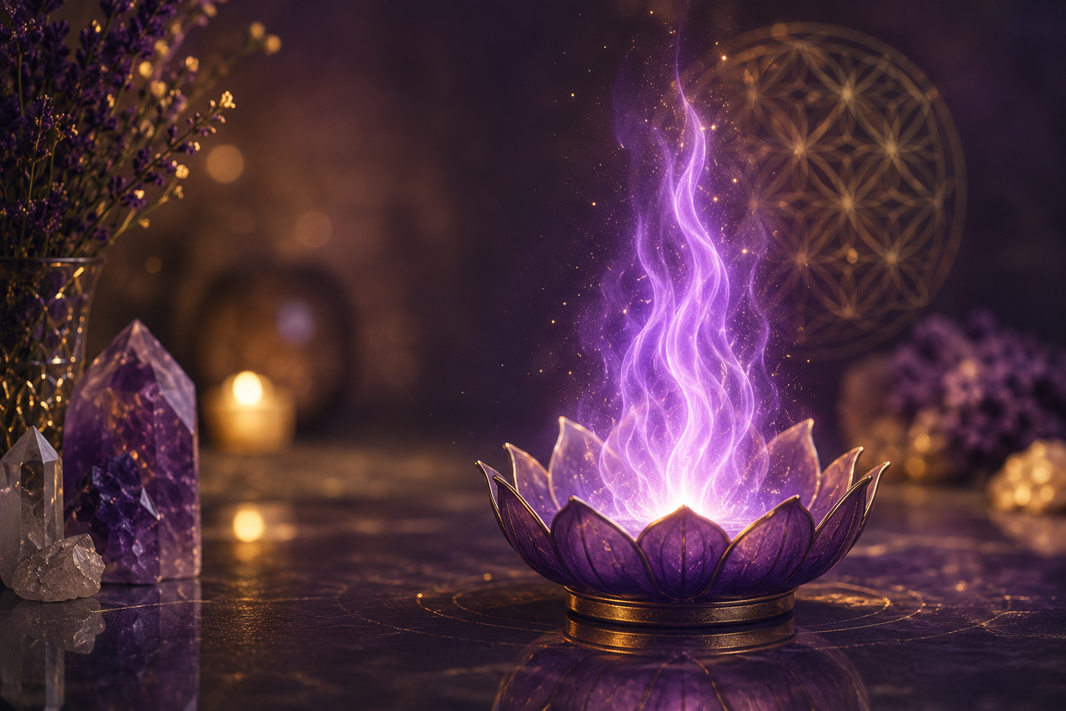 A gentle violet flame rising from a lotus-shaped bowl, symbolising healing, transformation and positive energy. A gentle violet flame rising from a lotus-shaped bowl, symbolising healing, transformation and positive energy.