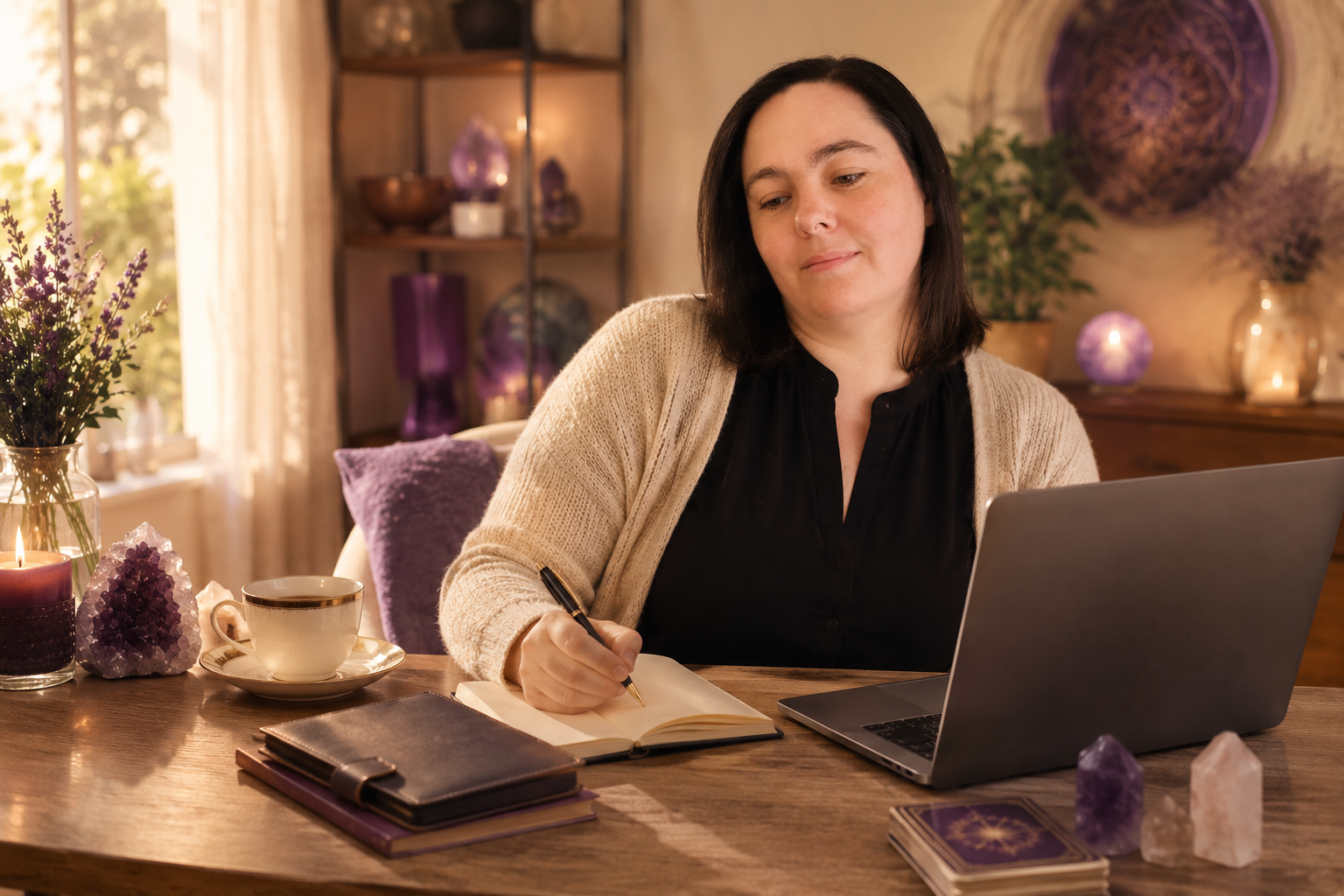 Eva Staniforth planning the vision for Violet Flame at a desk with a notebook, laptop, crystals and tarot cards. Eva Staniforth planning the vision for Violet Flame at a desk with a notebook, laptop, crystals and tarot cards.