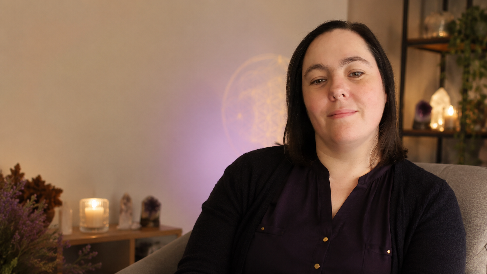 Eva Staniforth, founder of Violet Flame, smiling warmly in a calm, welcoming spiritual-business setting. Eva Staniforth, founder of Violet Flame, smiling warmly in a calm, welcoming spiritual-business setting.