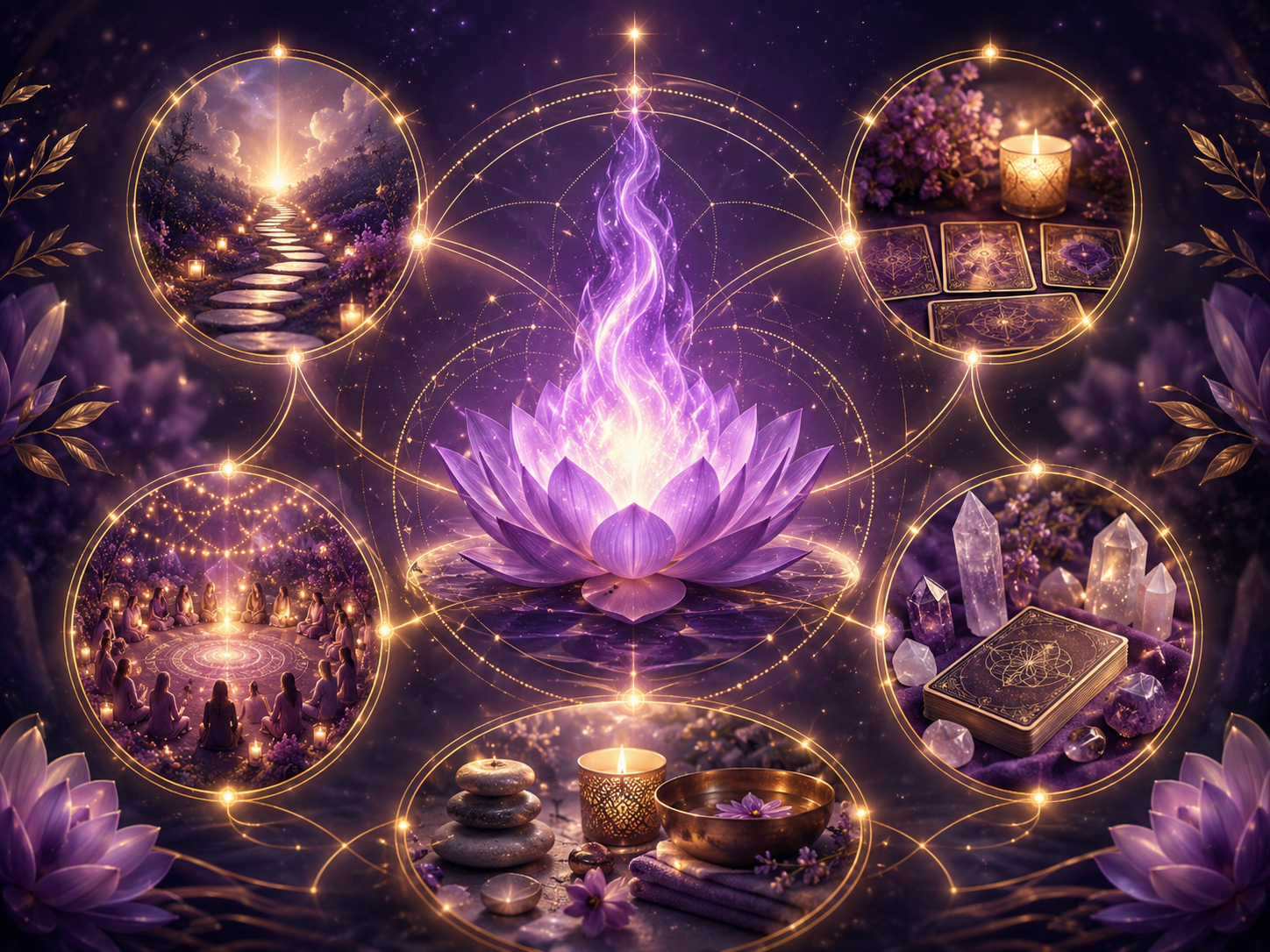 Glowing violet flame and lotus connected to symbols representing coaching, readings, events, cards and crystals, and wellness. Glowing violet flame and lotus connected to symbols representing coaching, readings, events, cards and crystals, and wellness.