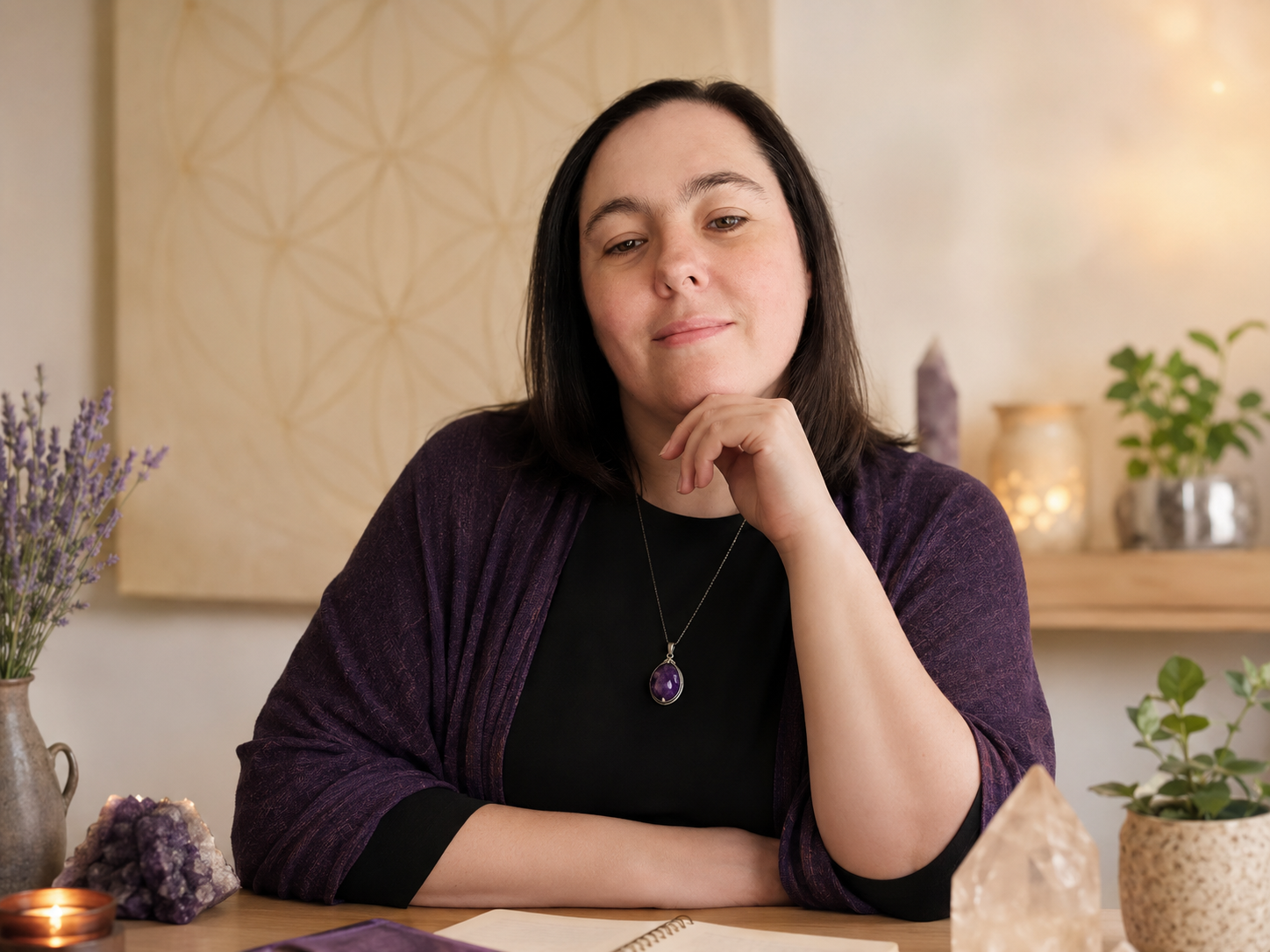 Violet Flame founder seated in a warm spiritual workspace with crystals, candles and soft violet lighting. Violet Flame founder seated in a warm spiritual workspace with crystals, candles and soft violet lighting.