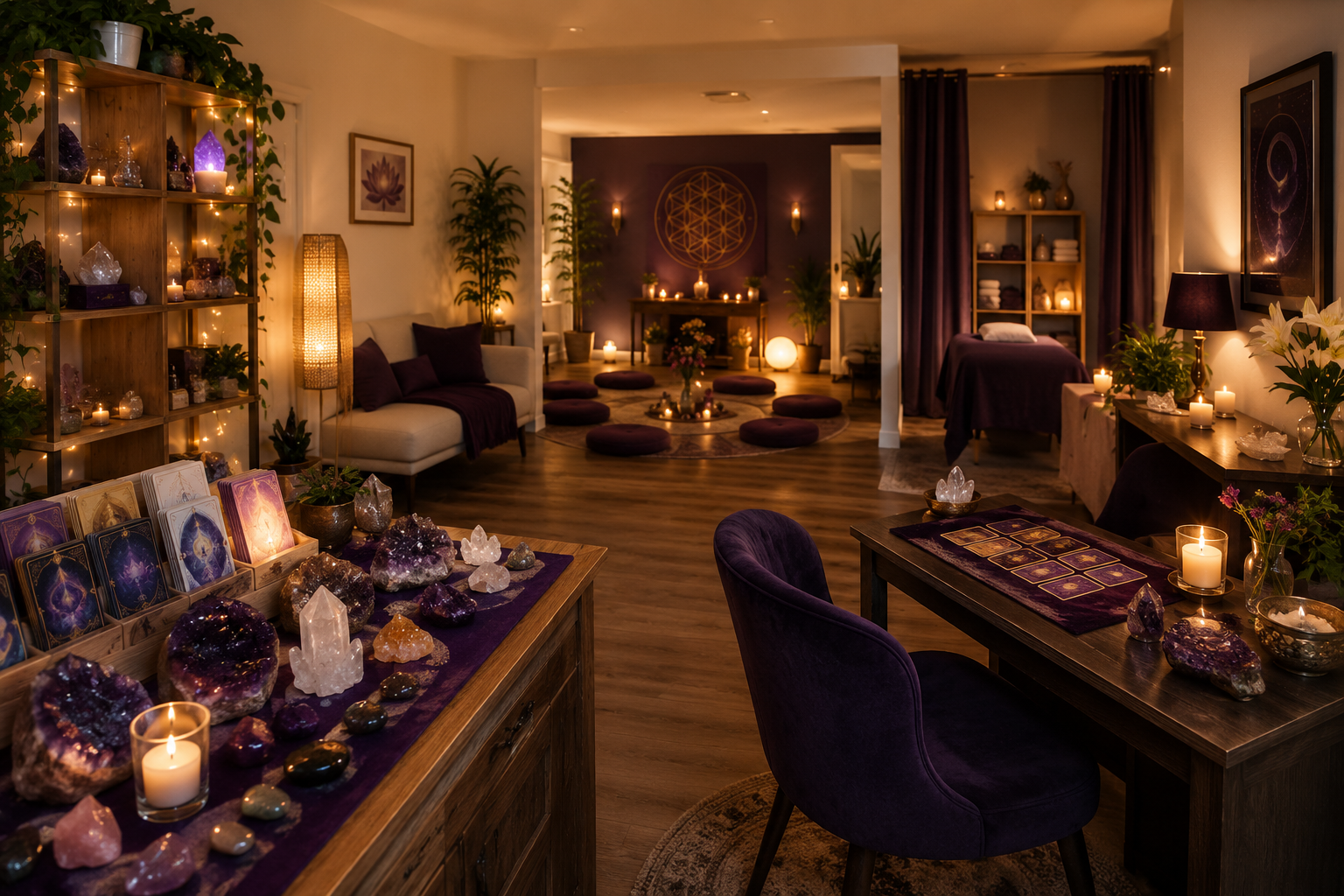 Warm Violet Flame interior with a reading area, cards and crystals, community seating and a peaceful wellness space. Warm Violet Flame interior with a reading area, cards and crystals, community seating and a peaceful wellness space.