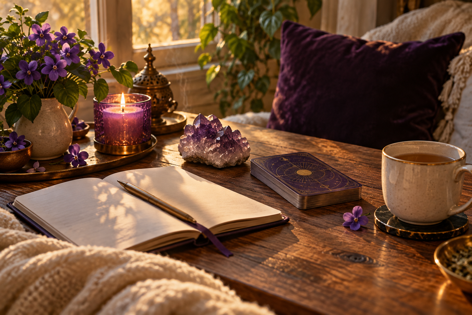 Peaceful spiritual journaling space with violet flowers, candle, amethyst crystal, card deck, journal and cup of tea.