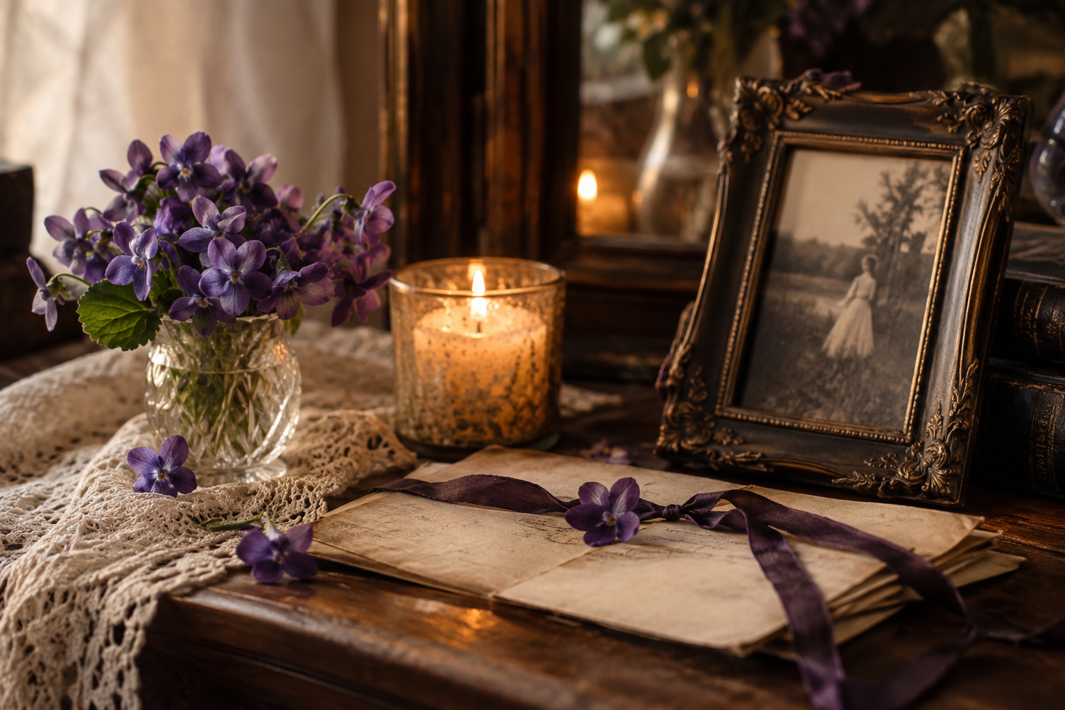 Violet flowers beside a glowing candle, vintage photograph frame and aged letters representing family memory and remembrance.