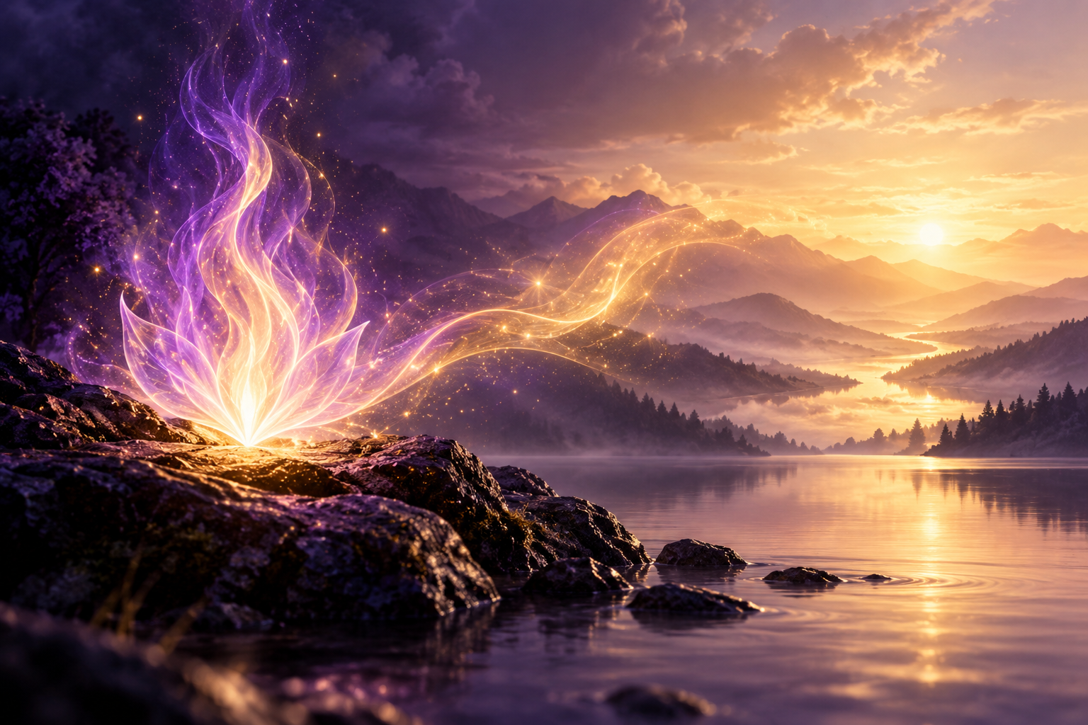 Violet flame glowing beside a calm lake as deep purple tones gradually transform into warm golden light.