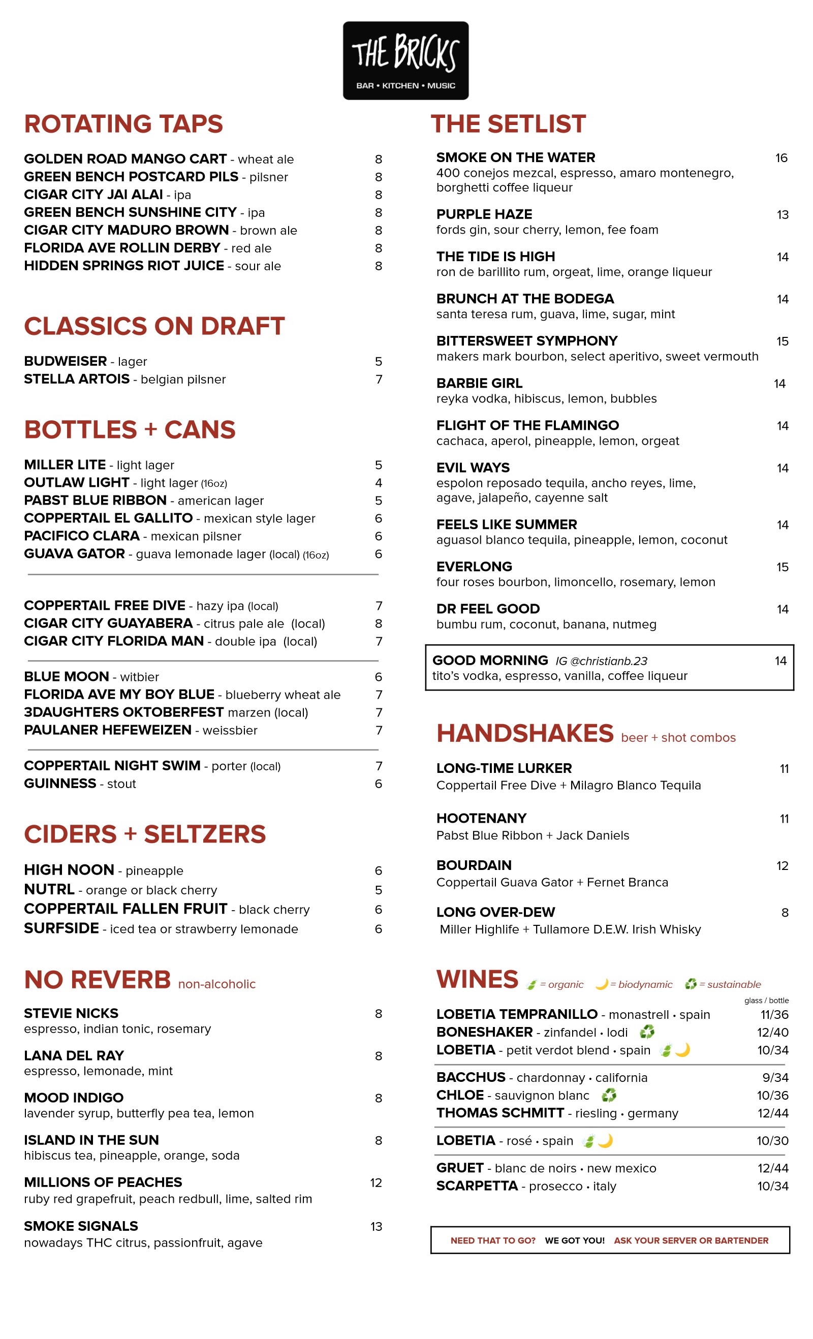 The Bricks drink menu: beer, cocktails, non-alcoholic drinks, beer and shot combos, and wine