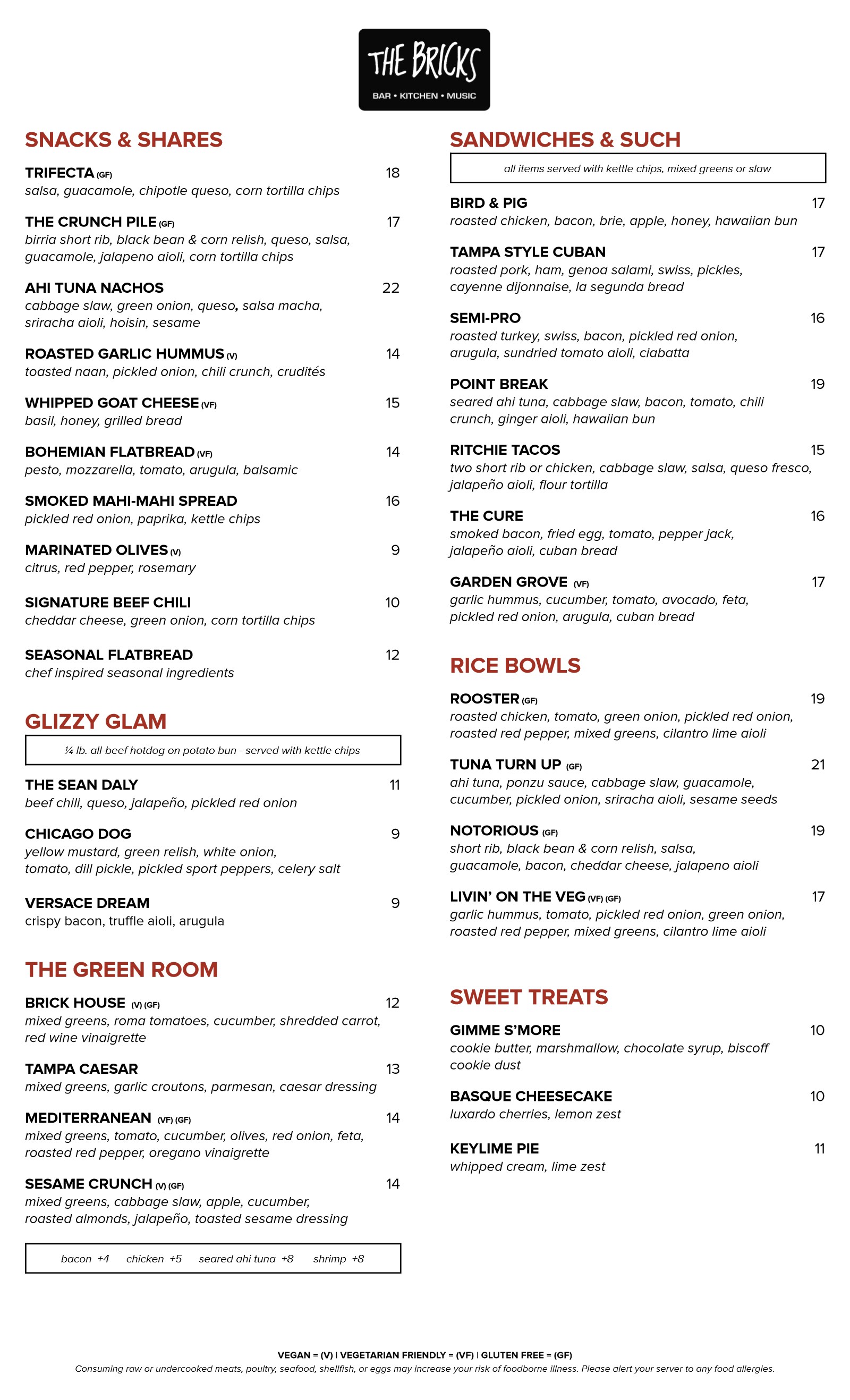 The Bricks food menu: snacks, hot dogs, salads, sandwiches, rice bowls and desserts