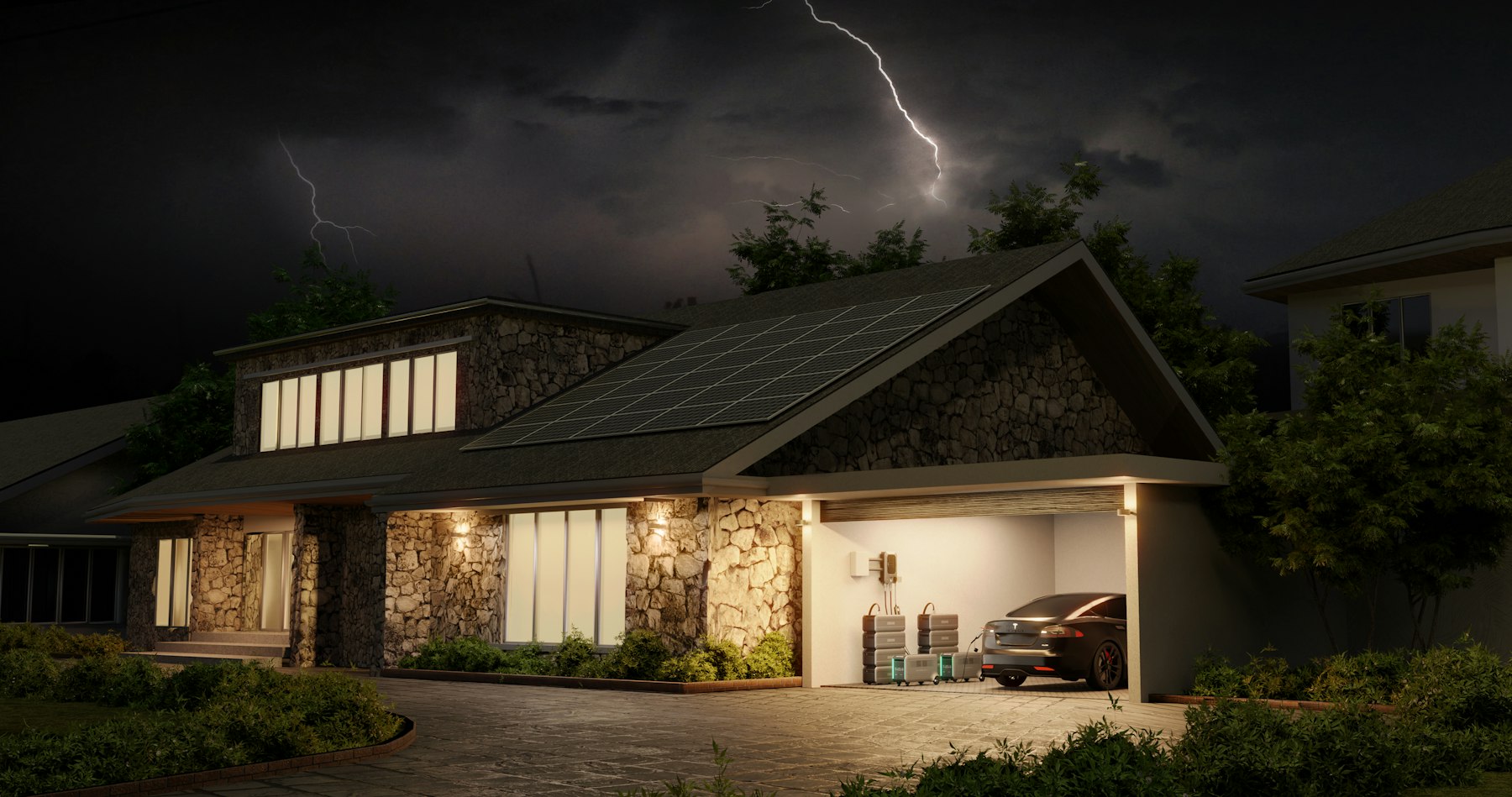 Utah home with Tesla solar on the roof and a Powerwall in the garage, lights on during a night storm
