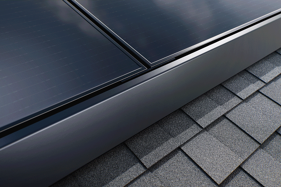 Close-up of Tesla solar panels with no visible clamps for a clean finished roof appearance