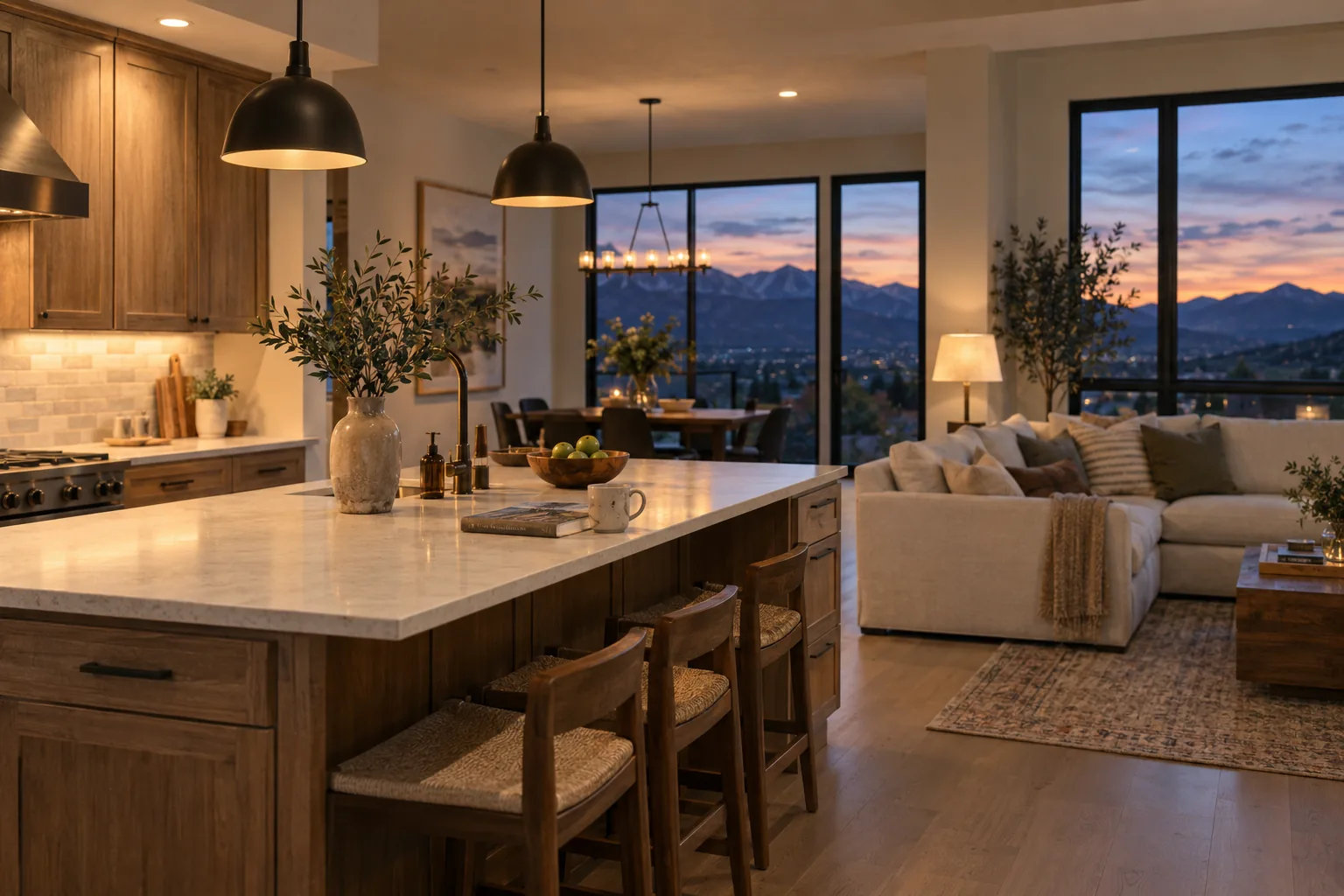 Illustrative warm living room with mountain views at dusk