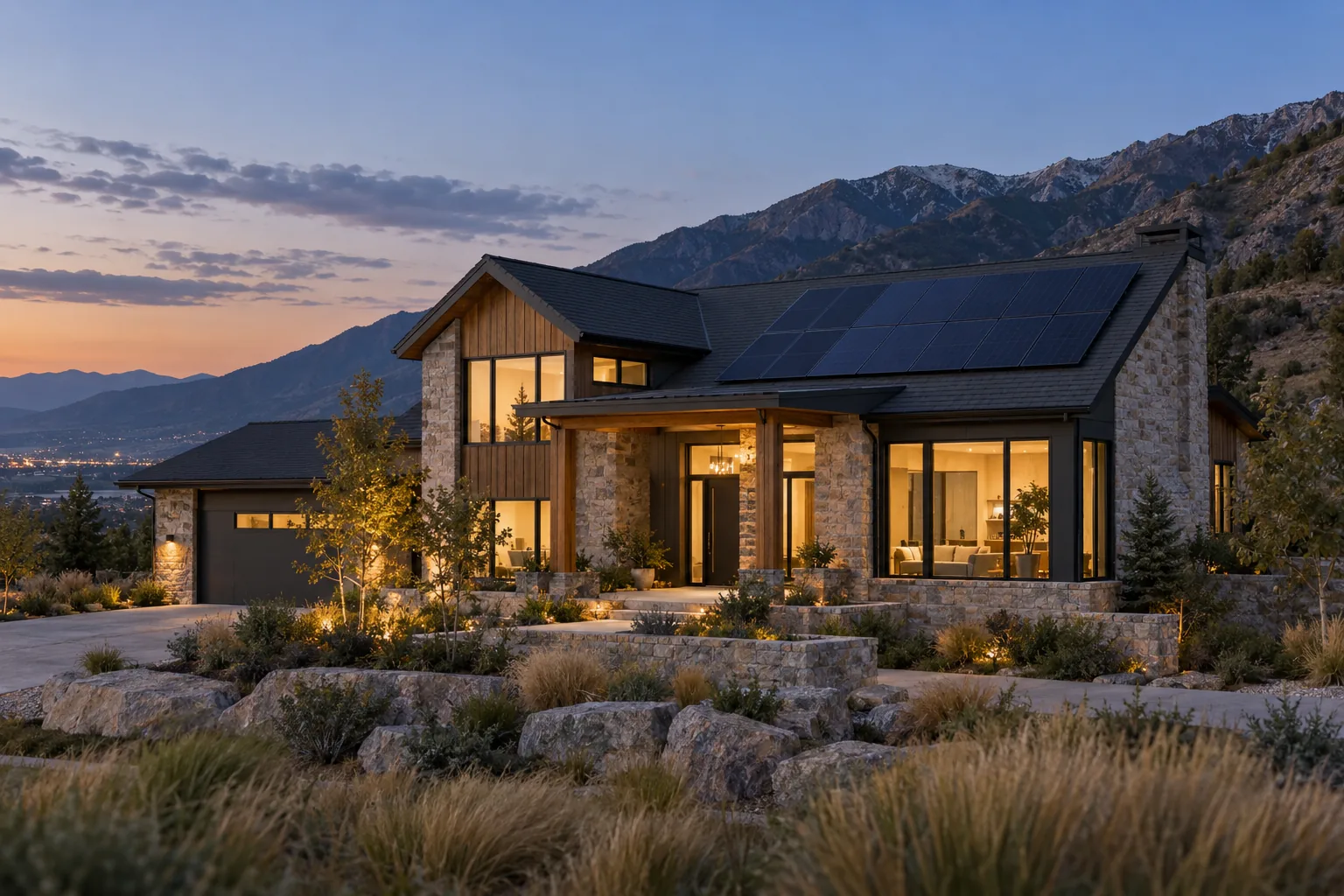 Illustrative Utah home with rooftop solar and warm evening lighting