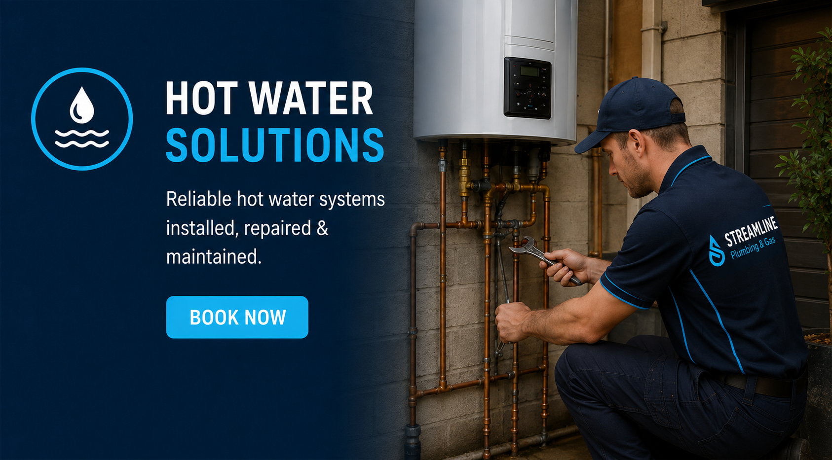 Plumber servicing a continuous-flow hot water system