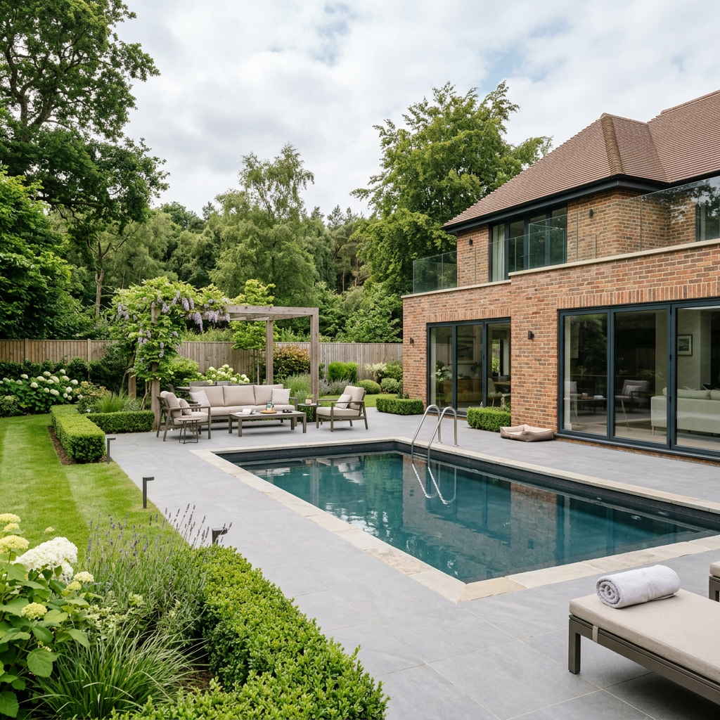 Luxury swimming pool in a modern Belgian or UK garden for pool builder lead generation