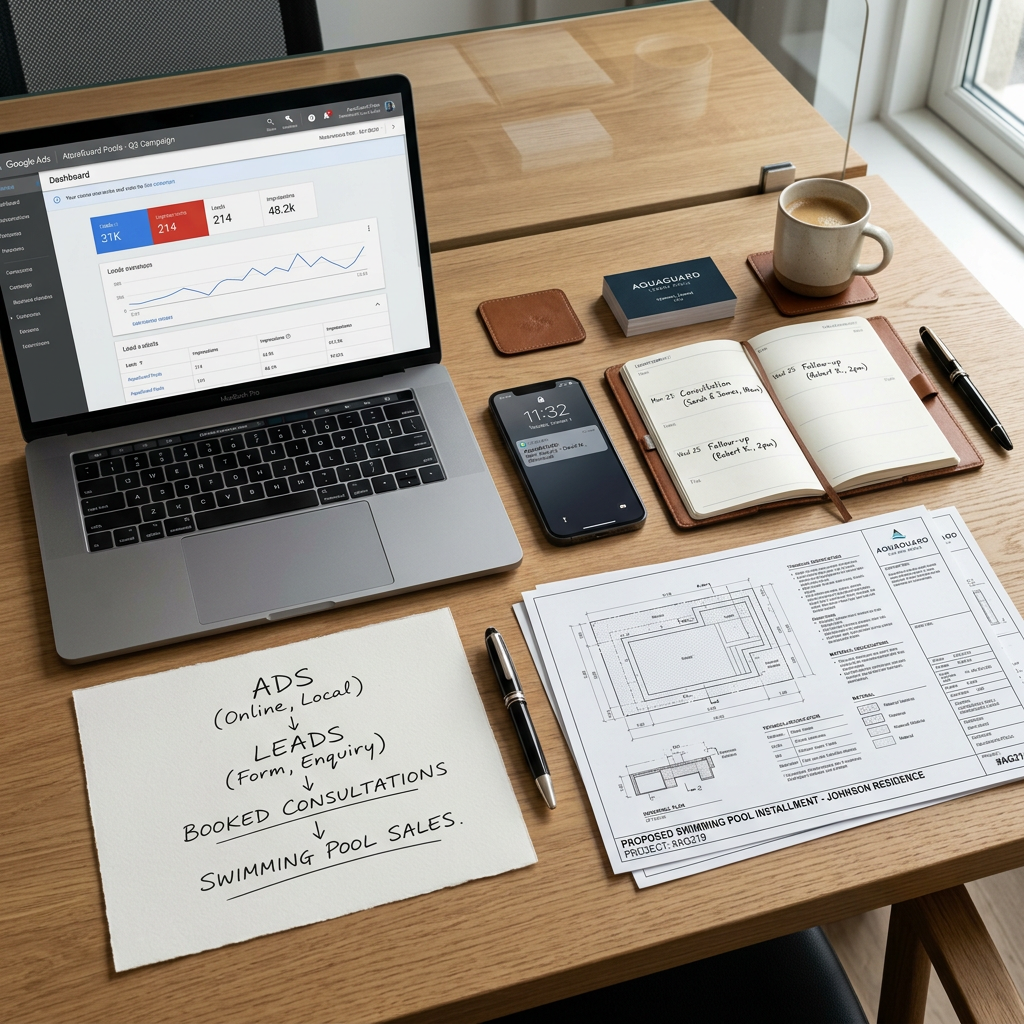 Swimming pool lead generation dashboard with marketing data and incoming enquiries