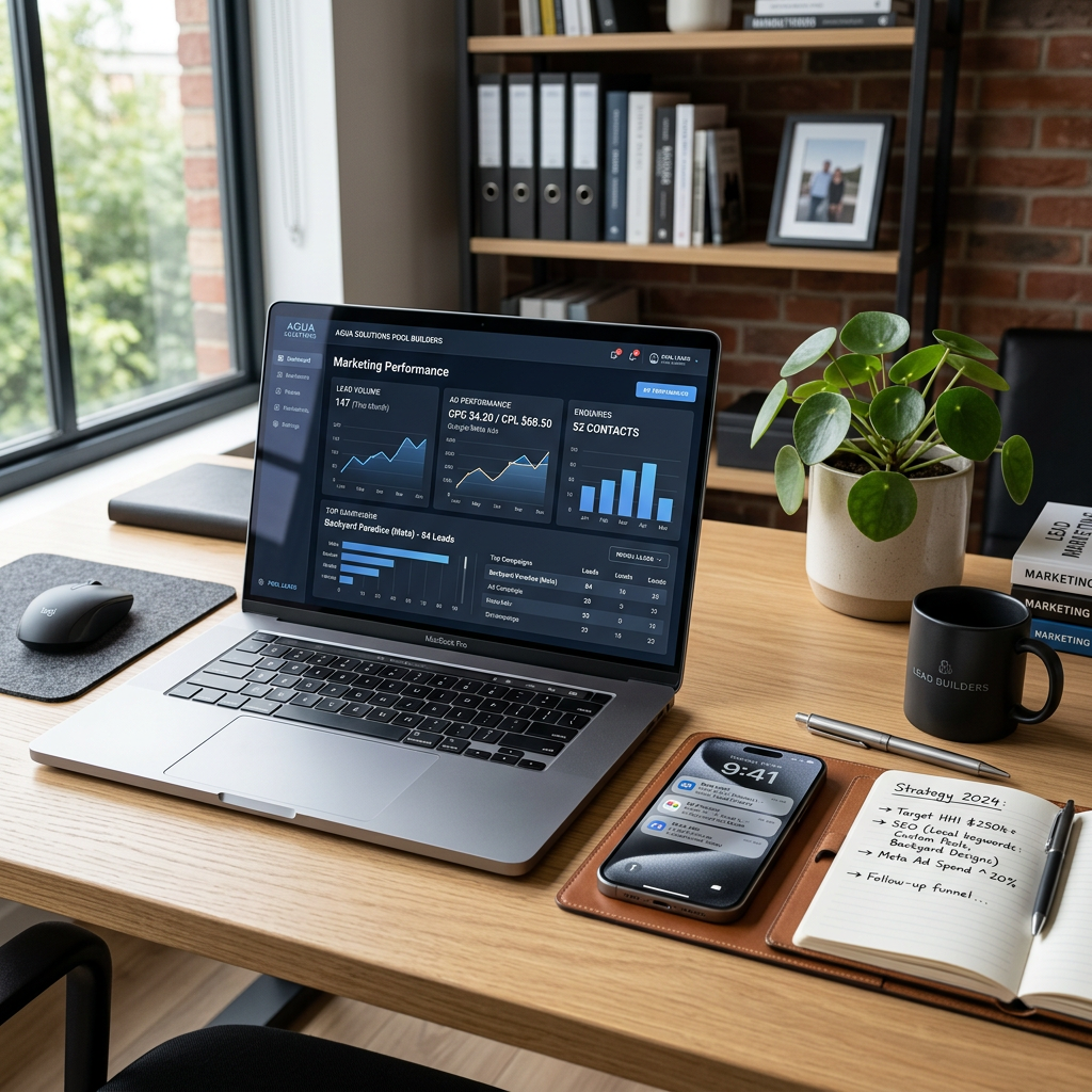 Swimming pool lead generation dashboard with marketing data and incoming enquiries