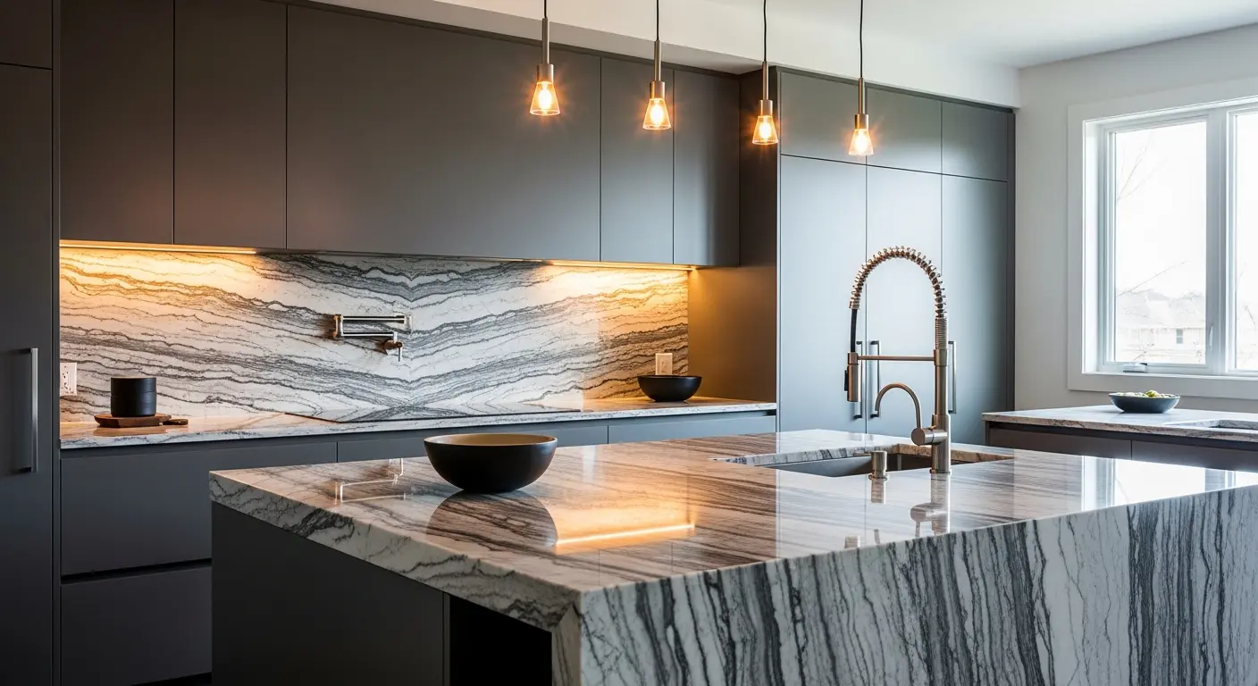 Kitchen with a marble waterfall island and pendant lights