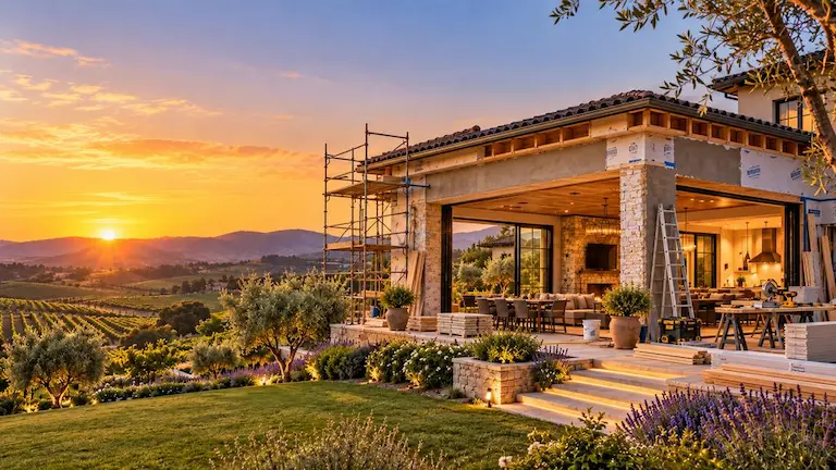 Home addition with a covered patio at sunset