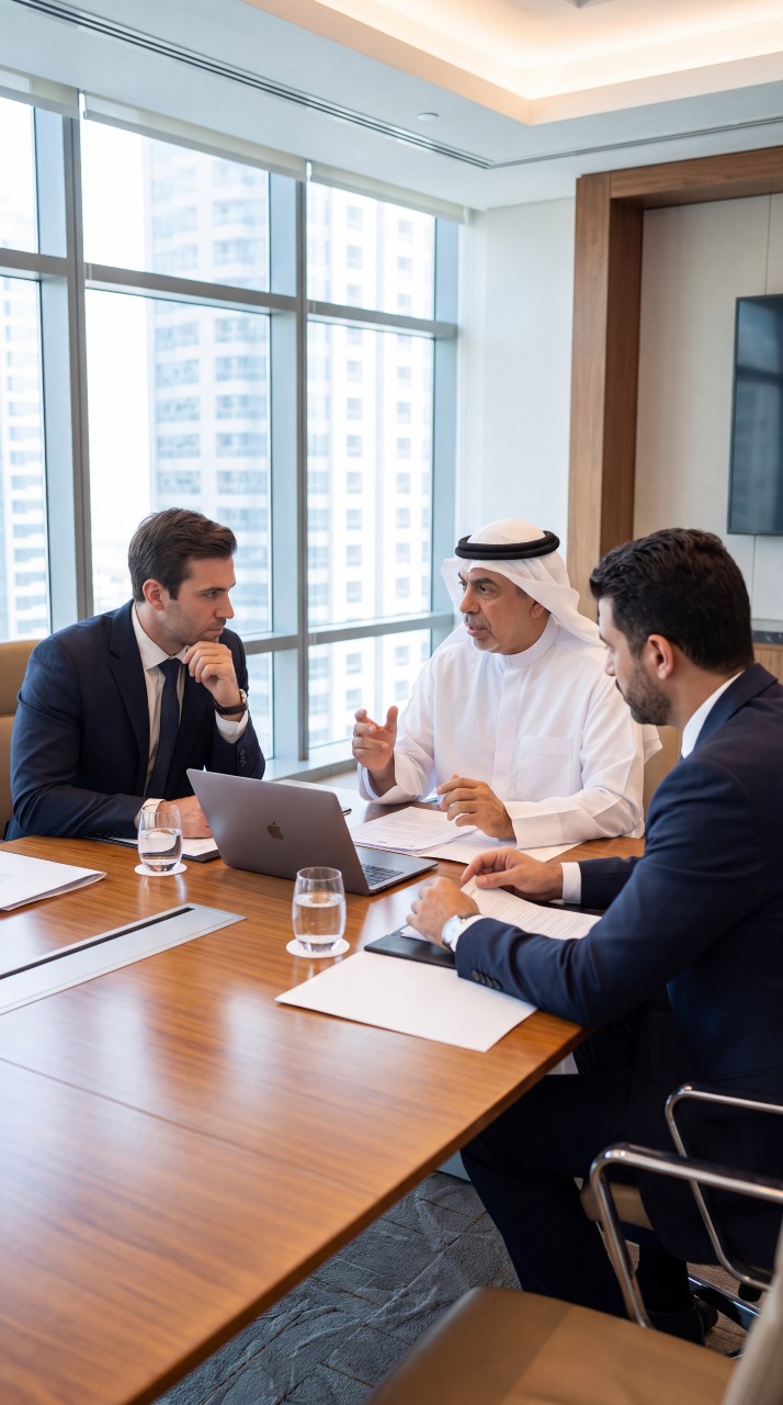 Attorney Salah Ahmed Almedfa in strategic legal consultation with corporate clients
