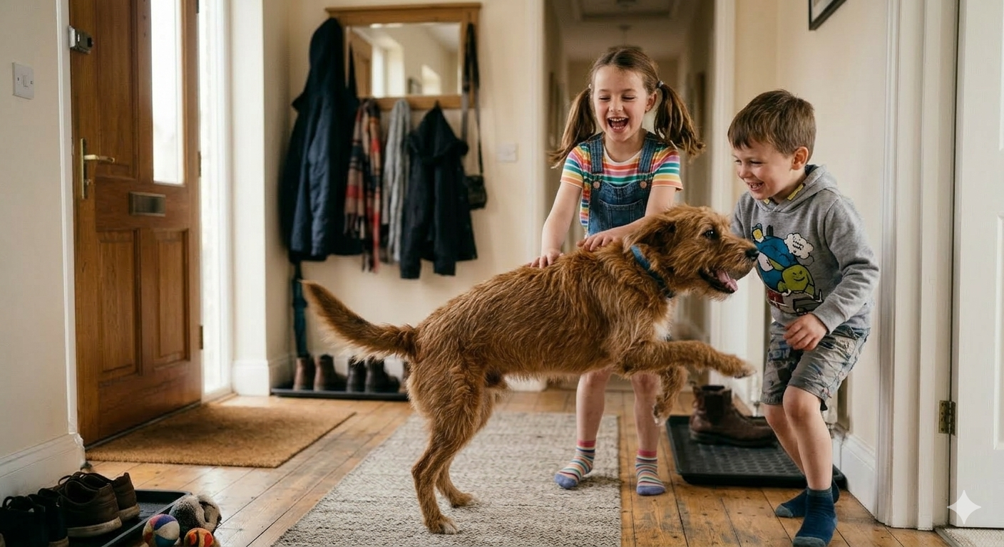 Jumping dog with children