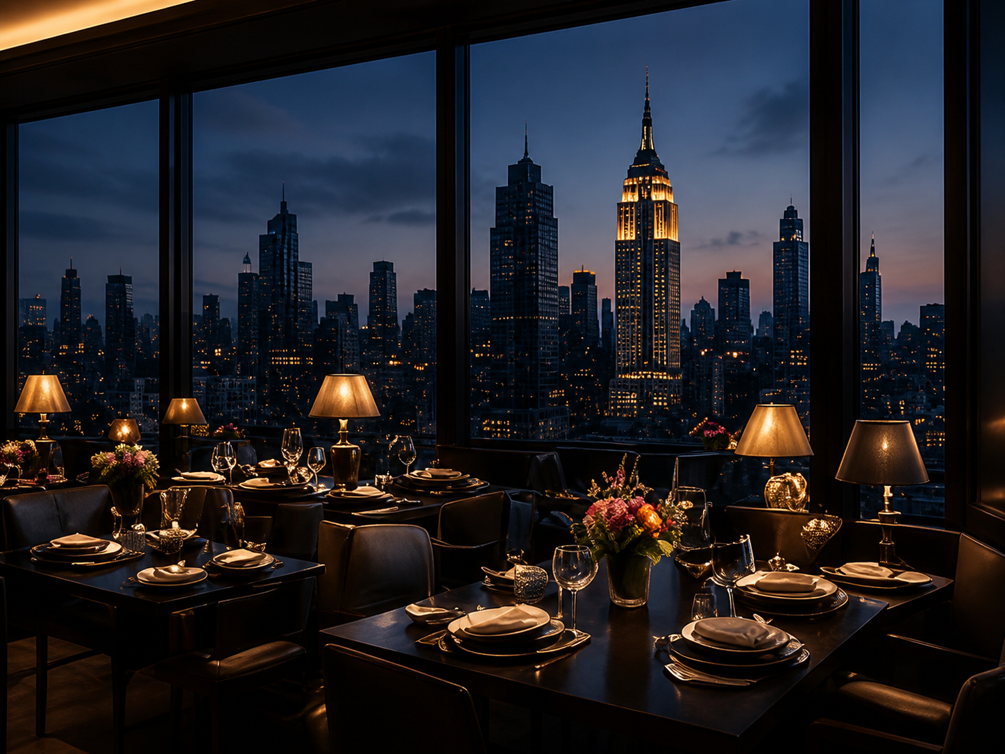 Elegant private dining room overlooking a city skyline