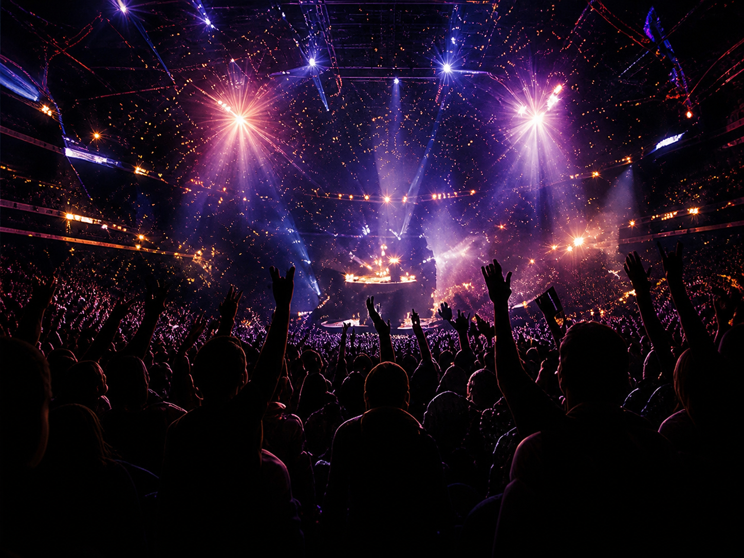 Concert crowd under colorful stage lights