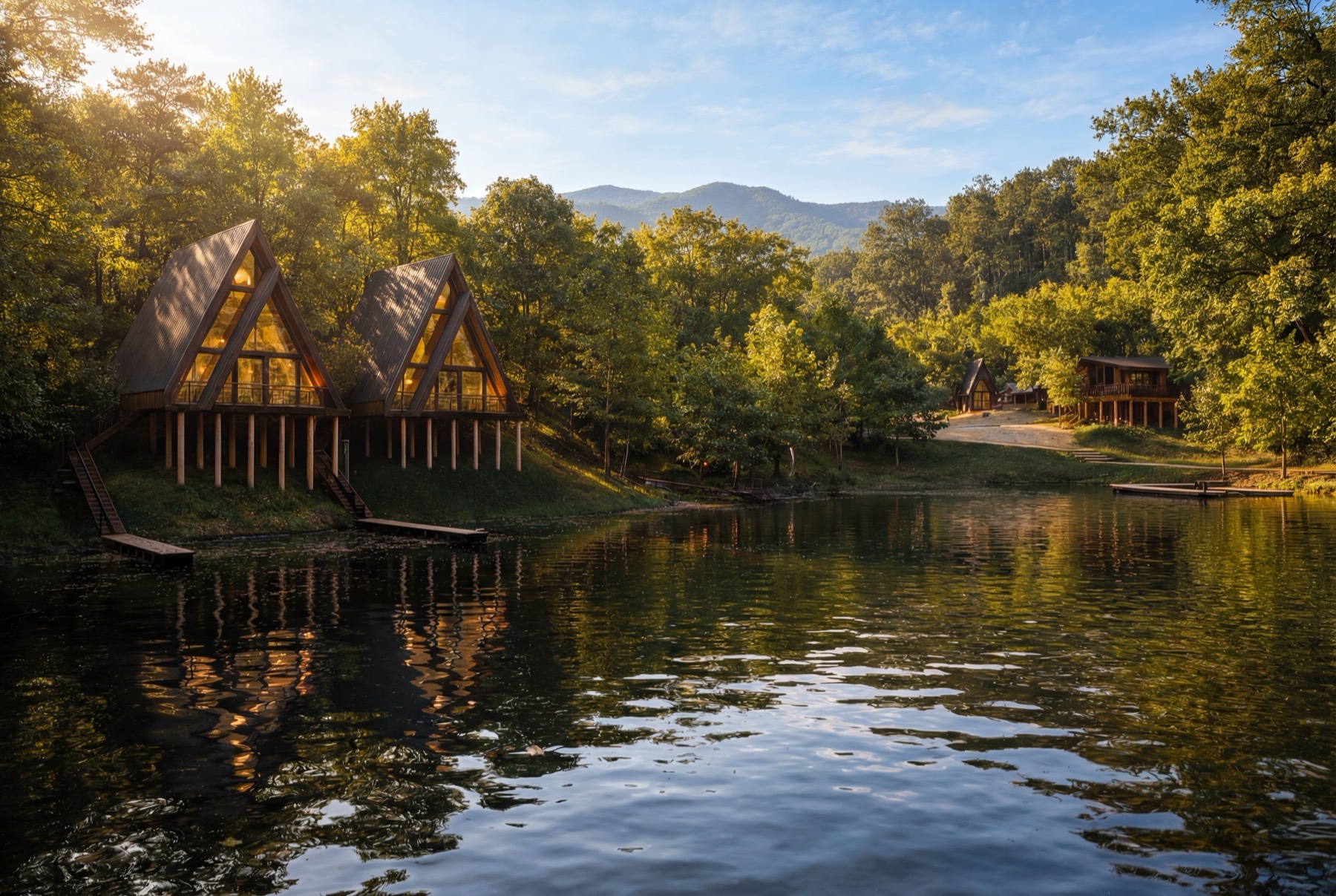 Rendering of Willow Falls Resort cabins from the lake