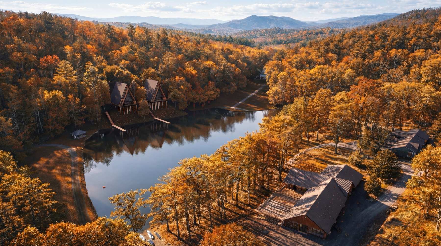 Aerial rendering of Willow Falls in the fall