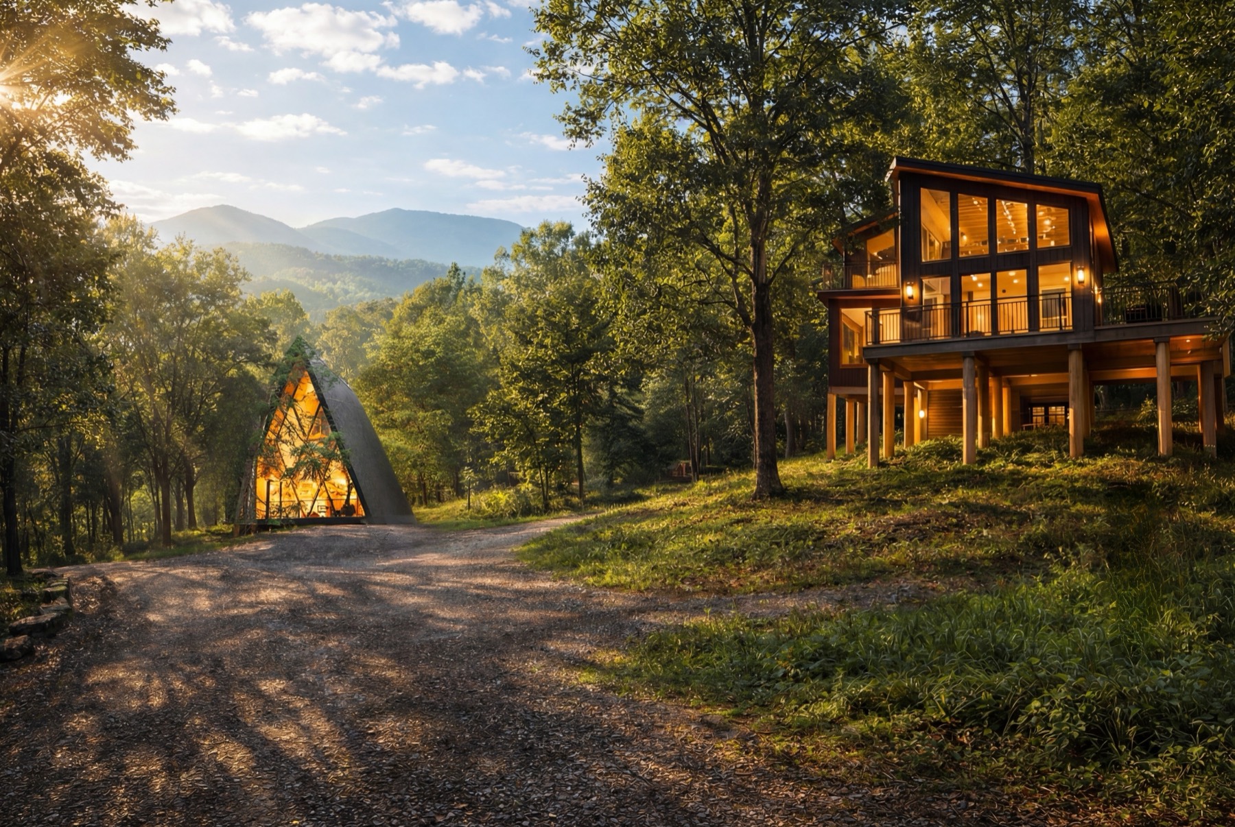 Rendering of the Willow Falls treehouse and A-frame